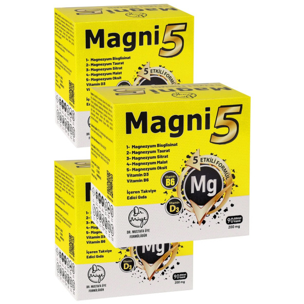 Magnezyum 5 Etkili Form 9 Aylık 270 Kapsül B6 D3 Vitamin Magni5 Bisglisinat Taurat Sitrat Malat 3'lü