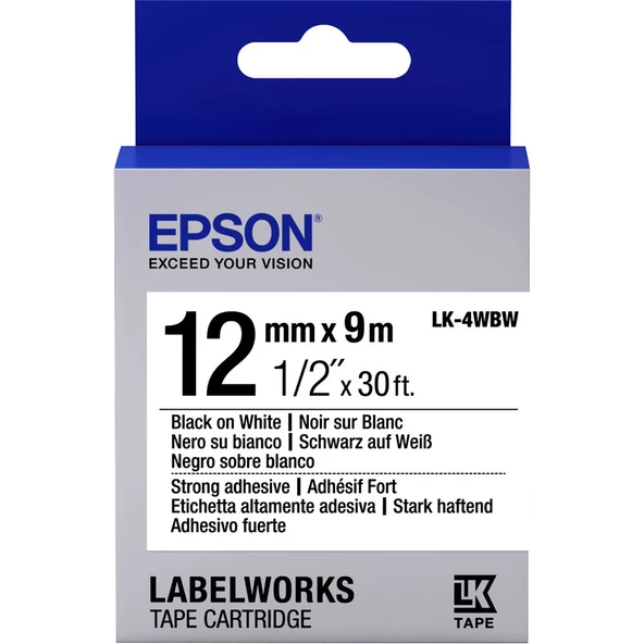 Epson LK-4WBW Güçlü Yapışkanlı Beyaz Üzeri Siyah 12mm 9Metre Etiket