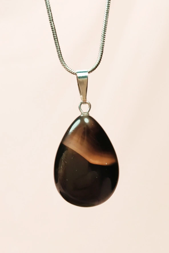 Onix Kuvars Doğal Taşı Zincirli El Yapımı Kolye Uç: 2 cm Zincir: 20 cm Kutulu - 5