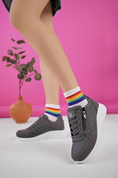 Muggo ASİA Garantili Kadın Ortopedik Günlük Bağcıklı Yandan Fermuarlı Rahat Sneaker Spor Ayakkabı - 6