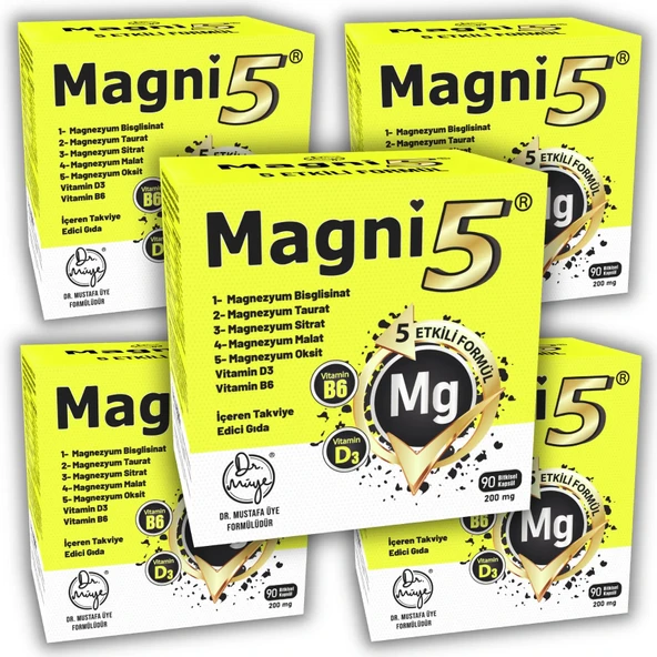 Magnezyum 5 Etkili Form 450 Kapsül B6 D3 Vit Magni5 Bisglisinat Taurat Sitrat Malat 5'Li Aile Seti