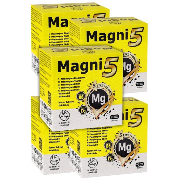 Magnezyum 5 Etkili Form 450 Kapsül B6 D3 Vit Magni5 Bisglisinat Taurat Sitrat Malat 5'li Aile Seti