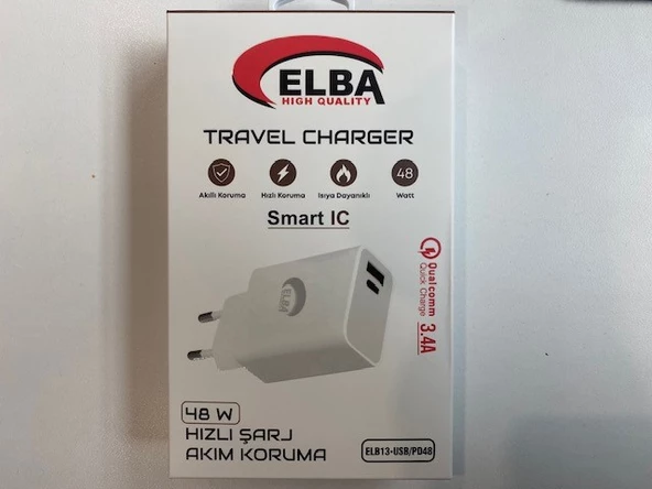 Elba ELB13 Elb-48w 3.4A USB-Pd48 (Usb+Type-C) Akıllı Koruma- Isıya Dayanklı Hızlı Şarj Ev Şarj Kafa