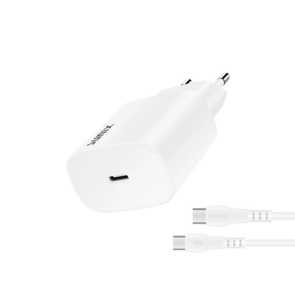 Sunix 25W USB-C Girişli Süper Hızlı Şarj Aleti Type-C / Type-C Set Beyaz S-40