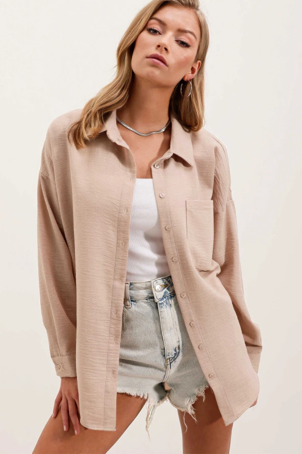 Kadın Tek Cepli Oversize Gömlek Vizon