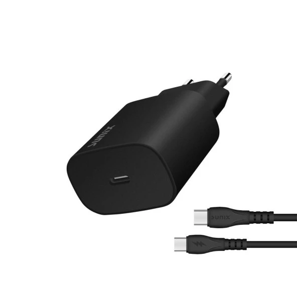 Sunix 25W USB-C Girişli Süper Hızlı Şarj Aleti Type-C / Type-C Set Siyah S-40