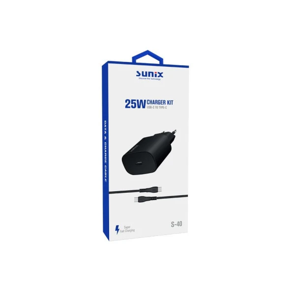 Sunix 25W USB-C Girişli Süper Hızlı Şarj Aleti Type-C / Type-C Set Siyah S-40 - 2
