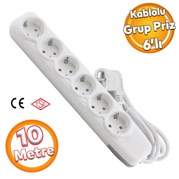 Kablolu 6'lı Topraklı Grup Priz Fiş Çoğaltıcı 10 Metre Çoklu Asmalı Uzatma Kablosu Anahtarsız