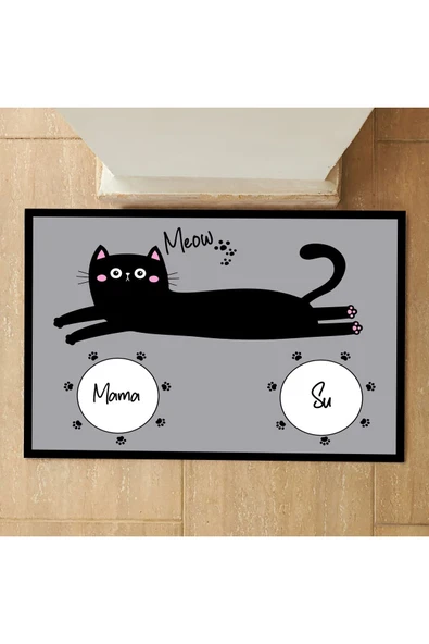 Kedi Mama Önü Paspası, Mama Önü Paspası, Kedi Tuvalet Önü Paspası, Sevimli Kedi Desenli Paspas - 2