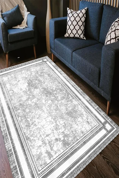 Gri Renk Koridor Halısı, Çerçeveli Yolluk, ,Dekoratif Yolluk, Koridor Halısı, Uzun Halı, Antre Halı - 6