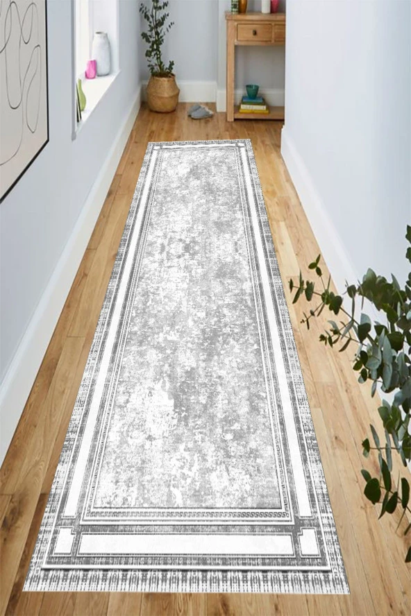 Gri Renk Koridor Halısı, Çerçeveli Yolluk, ,Dekoratif Yolluk, Koridor Halısı, Uzun Halı, Antre Halı