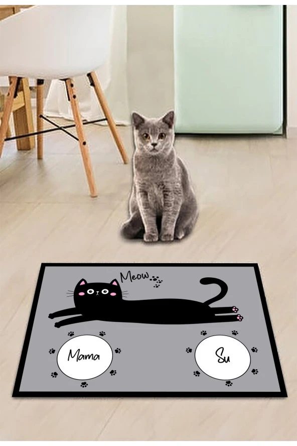 Kedi Mama Önü Paspası, Mama Önü Paspası, Kedi Tuvalet Önü Paspası, Sevimli Kedi Desenli Paspas