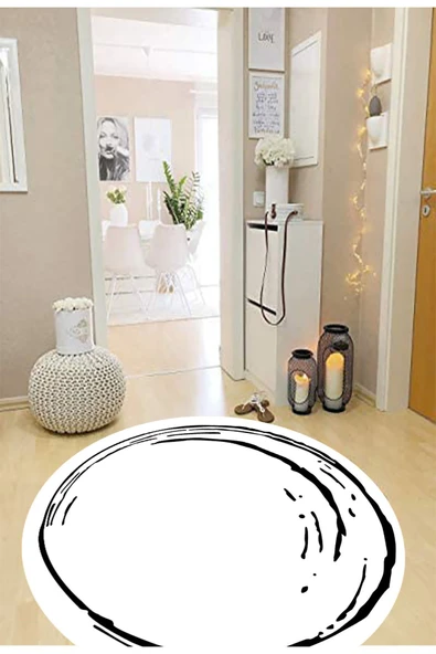 Beyaz Yuvarlak Halı, Çizgi Desen Yuvarlak Halı, Antre Halısı, Dekoratif Halı, Yuvarlak Mutfak Halısı - 4