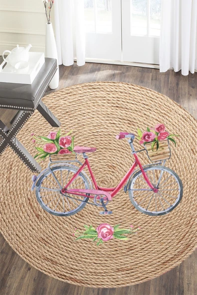Bisiklet Desenli Çocuk Halısı, Dijital Baskı Jüt Hasır Halı, Yuvarlak Çocuk Halısı, Leke Tutmaz - 4