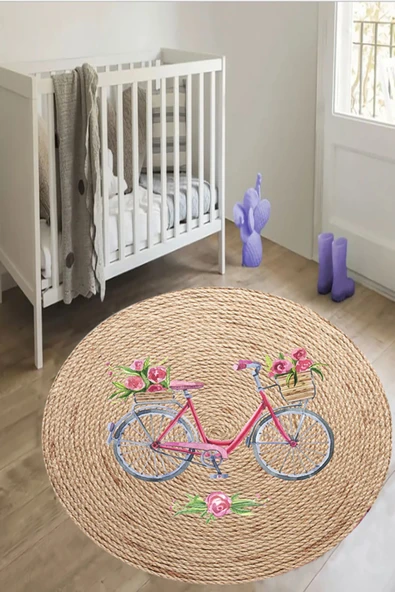 Bisiklet Desenli Çocuk Halısı, Dijital Baskı Jüt Hasır Halı, Yuvarlak Çocuk Halısı, Leke Tutmaz - 2