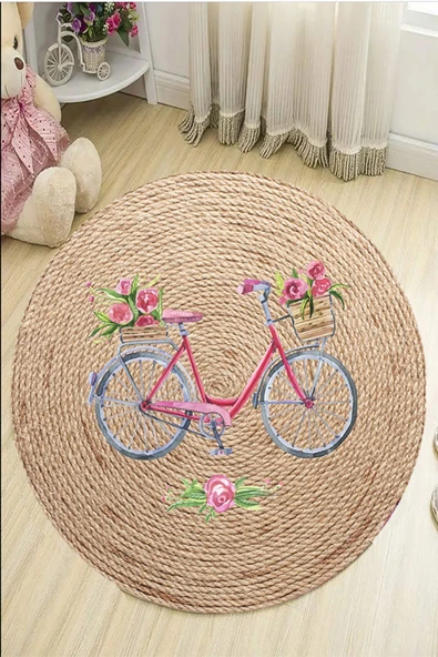 Bisiklet Desenli Çocuk Halısı, Dijital Baskı Jüt Hasır Halı, Yuvarlak Çocuk Halısı, Leke Tutmaz - 5