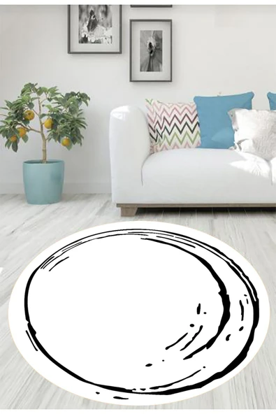 Beyaz Yuvarlak Halı, Çizgi Desen Yuvarlak Halı, Antre Halısı, Dekoratif Halı, Yuvarlak Mutfak Halısı - 2