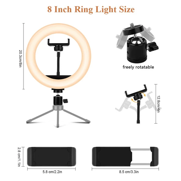 Ring Light Youtuber Tictok Makyaj Işıklı Telefon Tutucu 20cm + 2.2m Tripod M20 - 8