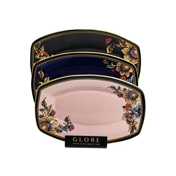 Glore Lorena Asorti Altın Yaldızlı Kayık Tabak Seti (Siyah-Mavi-Pembe)
