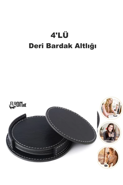 Deri Bardak Altlığı 4 Adet Bardak Altlığı Yuvarlak Tasarım Ofiste Evde Masanızı Tamamlayıcı Bardak - 2