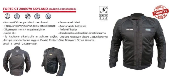 Forte Gt Xbyc 1079 Skyland 4 Mevsim 3 Kademeli Korumalı Motosiklet Montu L Beden Siyah - 5