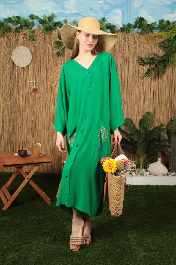 Sırtı Nazar Boncuklu Baskılı ve Önü Düğmeli Uzun Kollu Viskon Kumaşlı Kadın Elbise Yeşil Yaz /Bahar