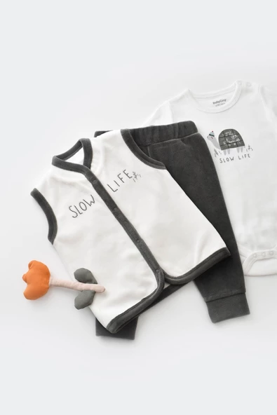 Bebek 3 Parça Kaplumbağa Kadife Yelek Takım, %80 Organik Pamuk & %20 Polyester, Bebek ve Yenidoğan Serisi - CSYK6024 - 3