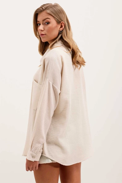 Kadın Tek Cepli Oversize Gömlek Taş - 5