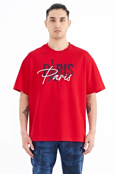 TOMMY LİFE Kırmızı Yazı Nakışlı O Yaka Oversize Erkek T-Shirt - 88223 - Resim 7