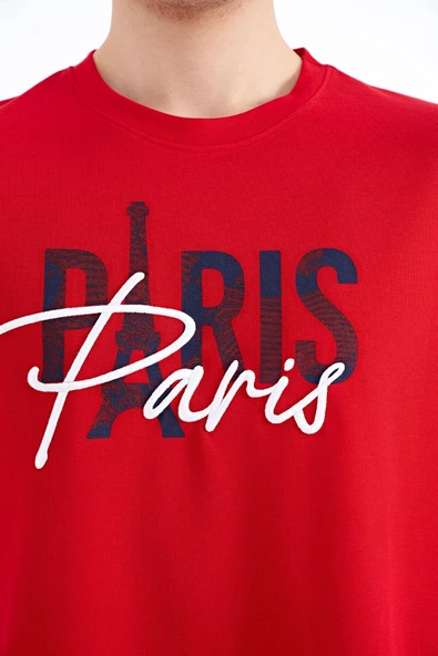 TOMMY LİFE Kırmızı Yazı Nakışlı O Yaka Oversize Erkek T-Shirt - 88223 - Resim 6