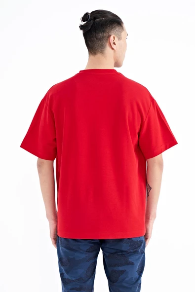 TOMMY LİFE Kırmızı Yazı Nakışlı O Yaka Oversize Erkek T-Shirt - 88223 - Resim 5