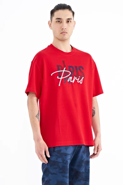 TOMMY LİFE Kırmızı Yazı Nakışlı O Yaka Oversize Erkek T-Shirt - 88223 - Resim 3
