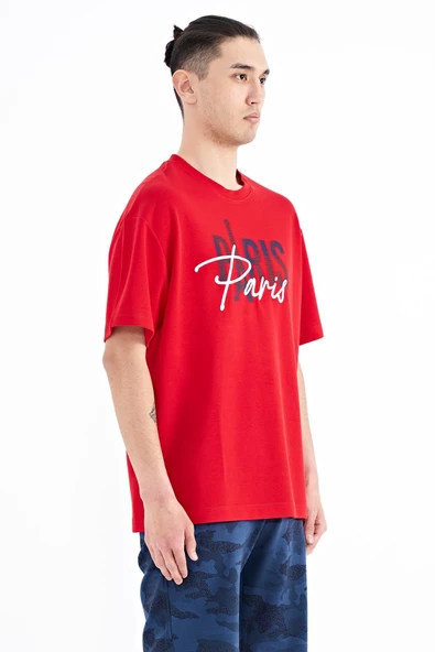 TOMMY LİFE Kırmızı Yazı Nakışlı O Yaka Oversize Erkek T-Shirt - 88223 - Resim 2