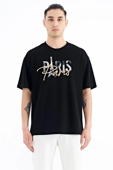 TOMMY LİFE Siyah Yazı Nakışlı O Yaka Oversize Erkek T-Shirt - 88223 - 7