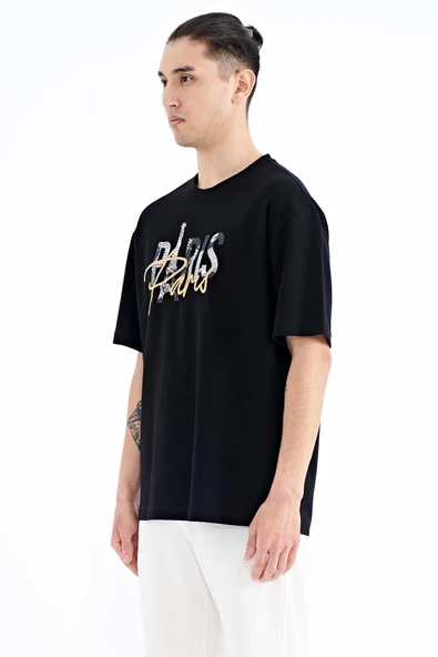 TOMMY LİFE Siyah Yazı Nakışlı O Yaka Oversize Erkek T-Shirt - 88223 - 4