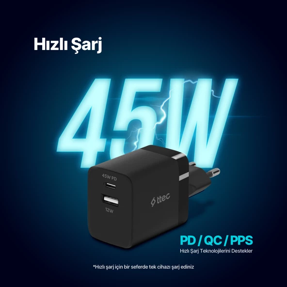 ttec SmartCharger Duo PD 45W Seyahat Hızlı Şarj Aleti USB-C+USB-A - 8