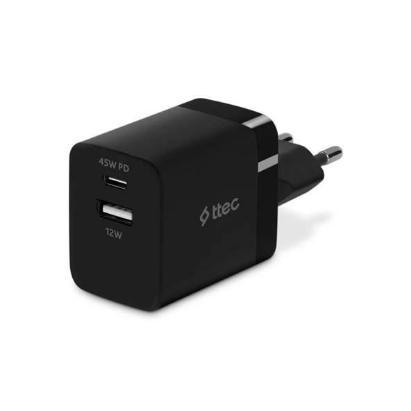 ttec SmartCharger Duo PD 45W Seyahat Hızlı Şarj Aleti USB-C+USB-A