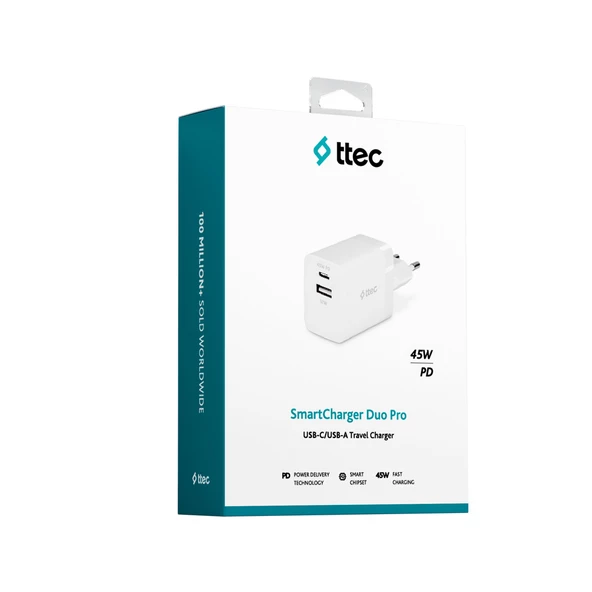 ttec SmartCharger Duo PD 45W Seyahat Hızlı Şarj Aleti USB-C+USB-A - 5
