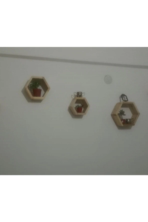 Wooden Women World Doğal Ahşap Altıgen Raf Petek Raf Duvar Rafı 3 Lü Çam - 3