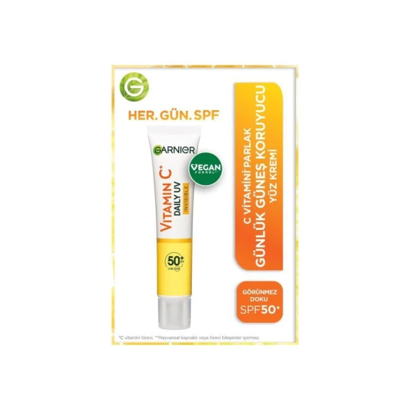 Garnier C Vitamini Parlak Günlük Güneş Koruyucu Fluid Yüz Kremi Görünmez Doku SPF50+ 40ml