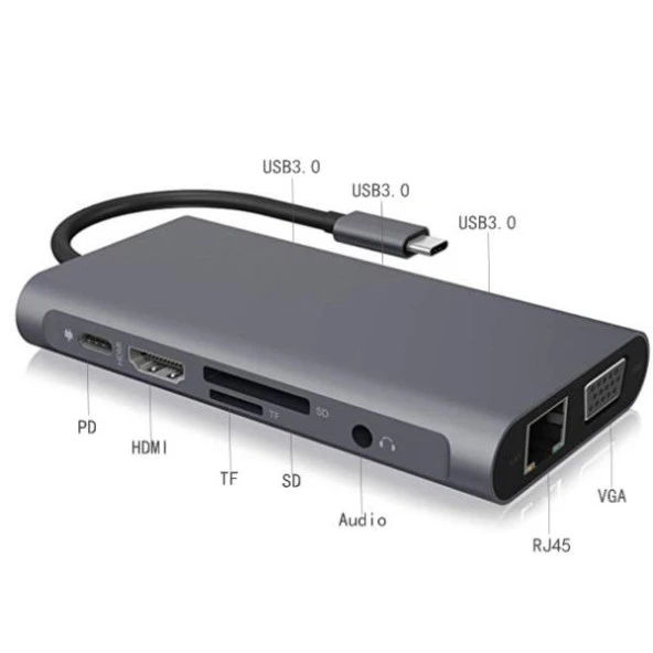 Coofbe 10in1 Type-C Hub Type-C to VGA @60Hz 4K HDMI @30Hz RJ45 3.5mm Sd Tf Kart 3xUSB3.0 Çeviriçi Hub