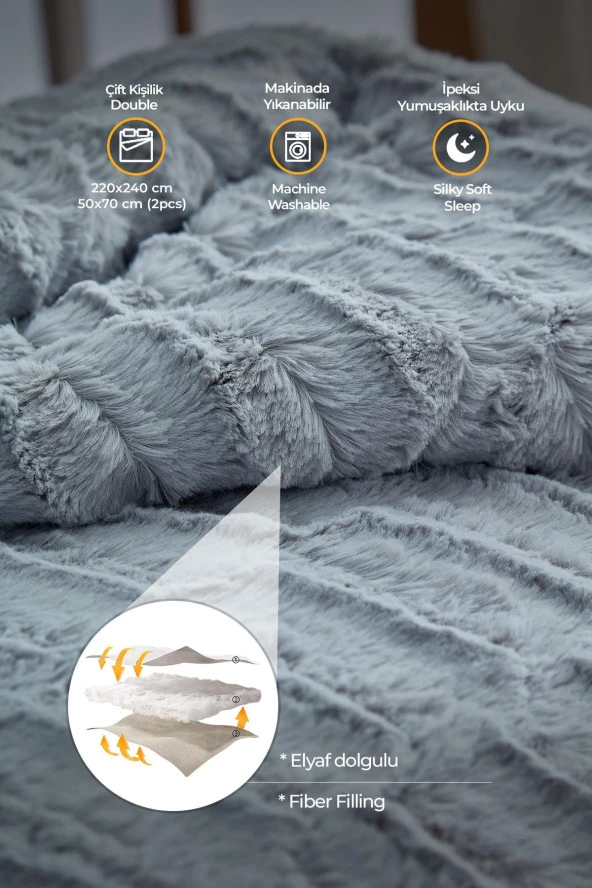 Çift (Taraflı) Kişilik Kürk Yorgan Uyku Seti Yumuşak Dolgulu Wellsoft 3 Parça Lydia Yatak Örtüsü - 2