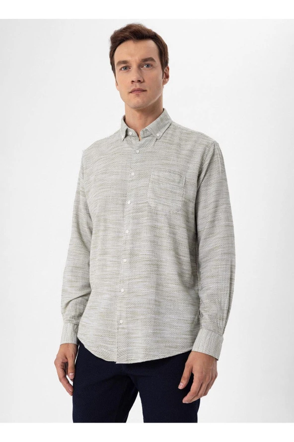 Süvari Regular Fit Düğmeli Yaka Düz Su Yeşili Erkek Gömlek GM1008300079 - Resim 4