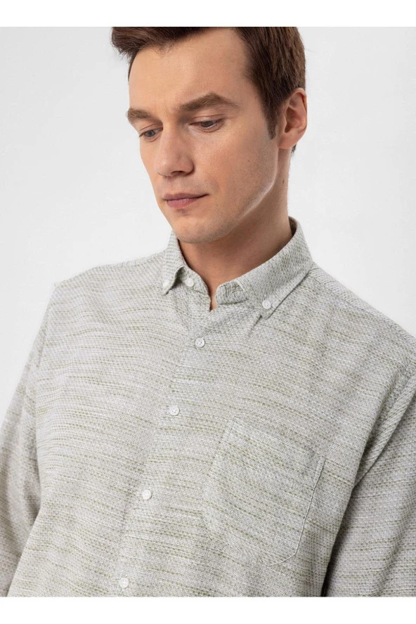 Süvari Regular Fit Düğmeli Yaka Düz Su Yeşili Erkek Gömlek GM1008300079 - Resim 5