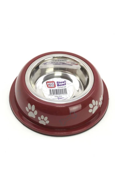 Playfull Pati ve Kemik Desenli Plastik Çerçeve İçinde Çelik Mama ve Su Kabı Kauçuk Tabanlı 1/2 Pint Cat ürün görseli