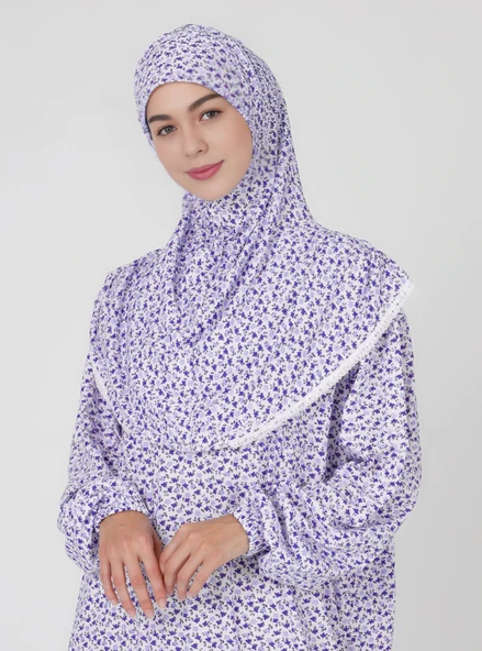 %100 Pamuk Başörtülü Tek Parça Namaz Elbisesi - Mor Çiçekli - Resim 3
