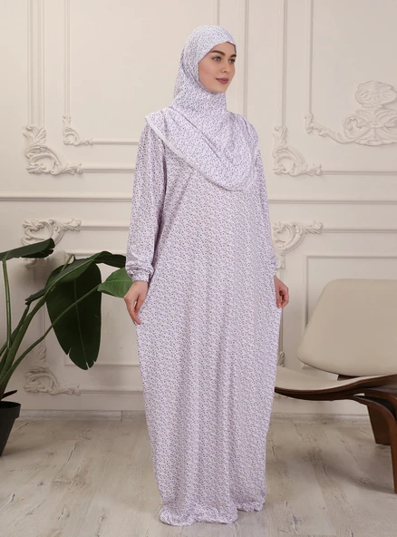 %100 Pamuk Başörtülü Tek Parça Namaz Elbisesi - Mor Çiçekli - Resim 4