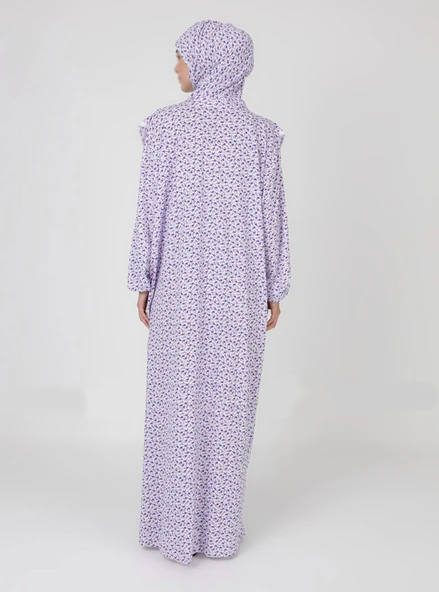 %100 Pamuk Başörtülü Tek Parça Namaz Elbisesi - Mor Çiçekli - Resim 2