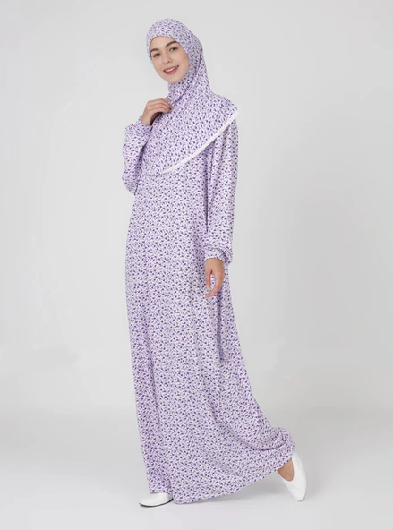 %100 Pamuk Başörtülü Tek Parça Namaz Elbisesi - Mor Çiçekli ürün görseli 1