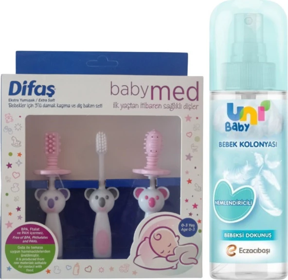 Uni Baby Bebek Kolonyası Bebeksi Dokunuş 150 ml + Difaş Bebekler Için 3'lü Damak Kaşıma  Seti Pembe